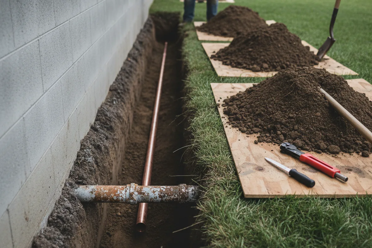 Excavated water line trench during Water Softener Installation in Victoria